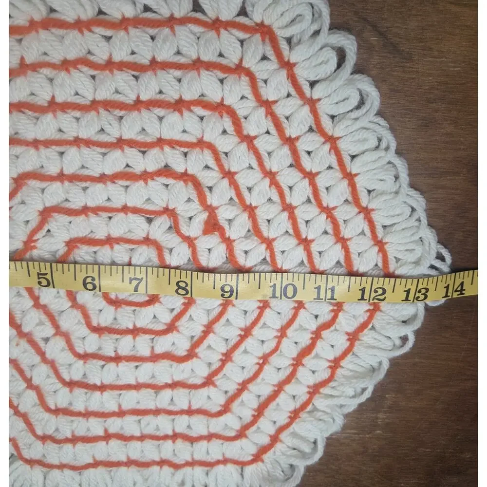 Loom yarn Hot Pad, Trivet - Orange White hexagon 12 Inches Cottagecore Retro